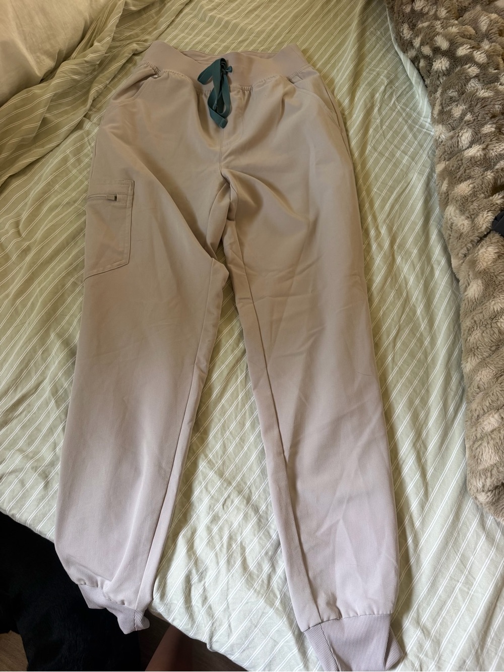 Figs Women's Jogger Pants in Light Taupe with Teal Drawstring